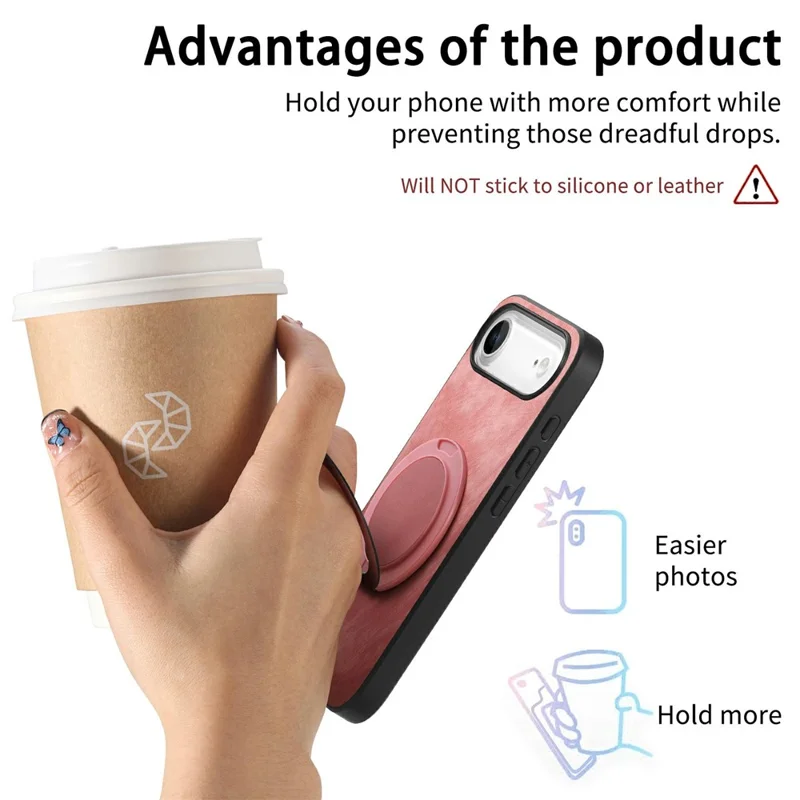 For iPhone Air Phone Case with Rotating Kickstand Stress Relief Retro Leather Back Cover - Pink
