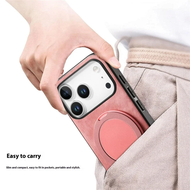For iPhone 17 Pro Phone Case with Rotating Kickstand Stress Relief Retro Leather Back Cover - Pink