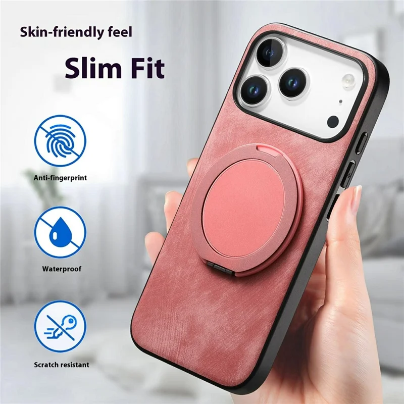 For iPhone 17 Pro Phone Case with Rotating Kickstand Stress Relief Retro Leather Back Cover - Pink
