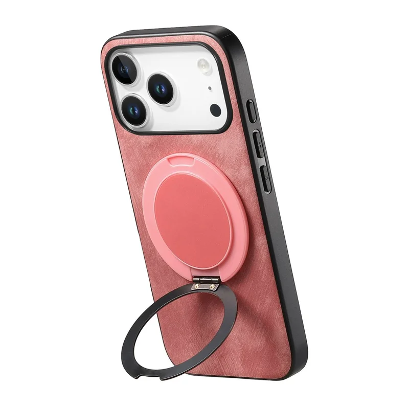 For iPhone 17 Pro Phone Case with Rotating Kickstand Stress Relief Retro Leather Back Cover - Pink