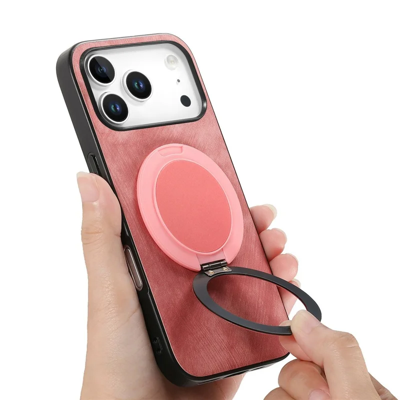 For iPhone 17 Pro Phone Case with Rotating Kickstand Stress Relief Retro Leather Back Cover - Pink