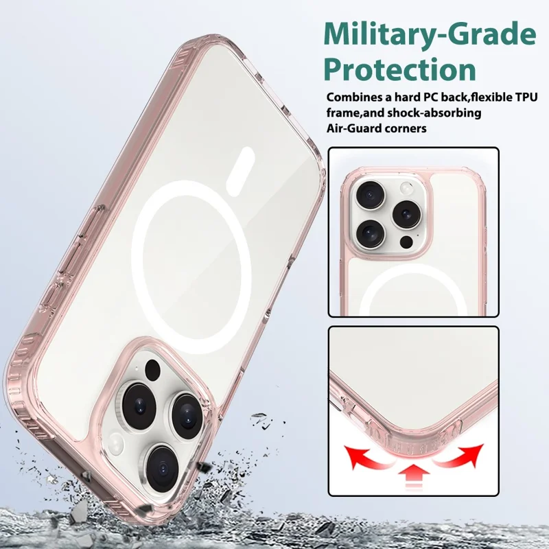 For iPhone 16 Pro Max Case Compatible with MagSafe PC + TPU Clear Phone Cover with Tempered Glass Screen Protector - Pink