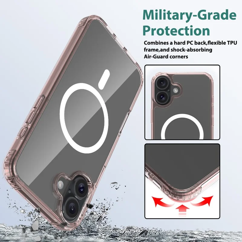 For iPhone 16 Plus Case Compatible with MagSafe PC + TPU Clear Phone Cover with Tempered Glass Screen Protector - Pink