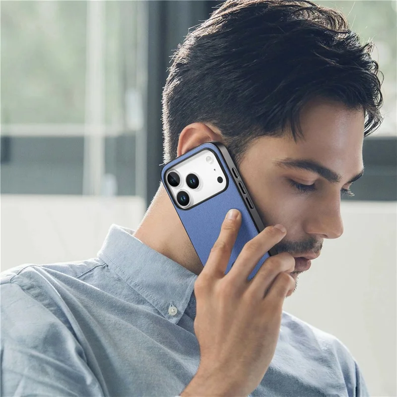 Voor iPhone 17 Pro hoesje van lederen telefoonachterkant met stofstructuur - Blauw