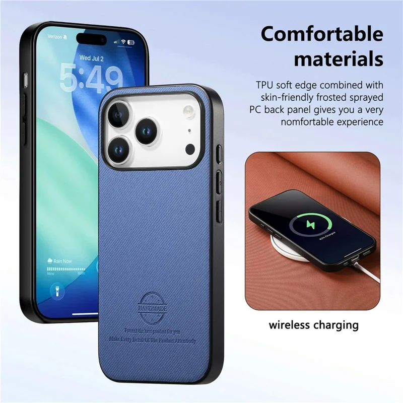 Voor iPhone 17 Pro hoesje van lederen telefoonachterkant met stofstructuur - Blauw