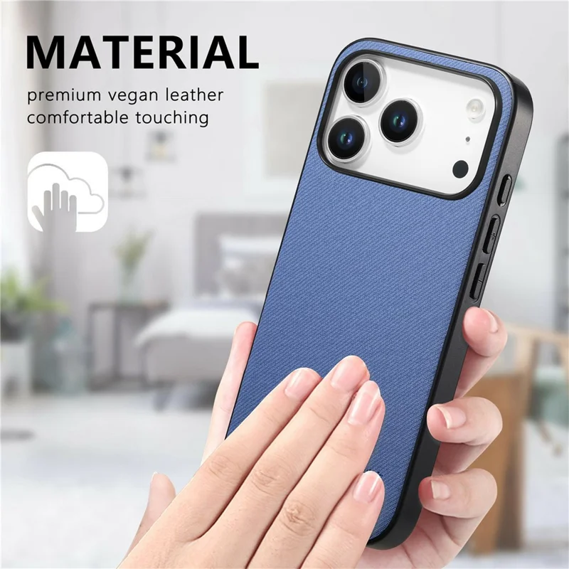 Voor iPhone 17 Pro hoesje van lederen telefoonachterkant met stofstructuur - Blauw