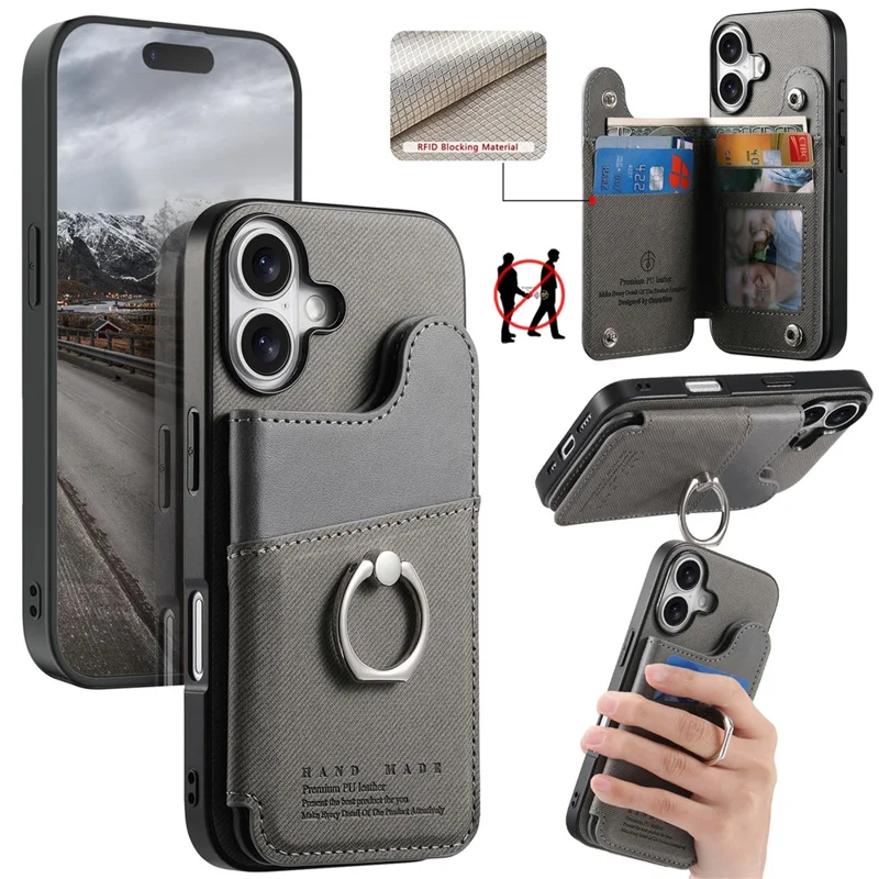 For iPhone 17 Case with Card Holder Kickstand Leather + TPU + PC Phone Cover - Grey
