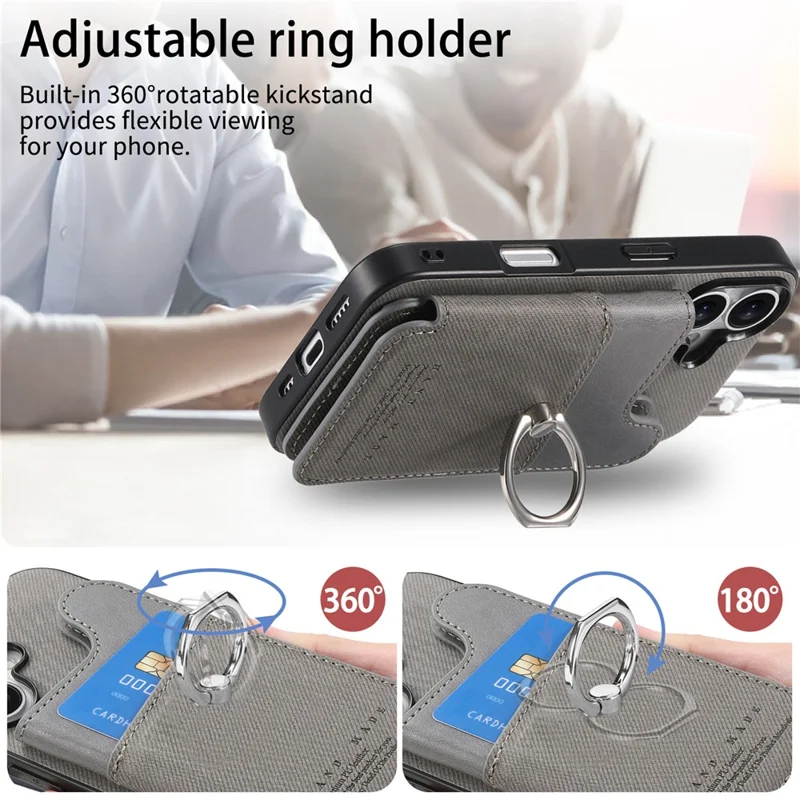 For iPhone 17 Case with Card Holder Kickstand Leather + TPU + PC Phone Cover - Grey