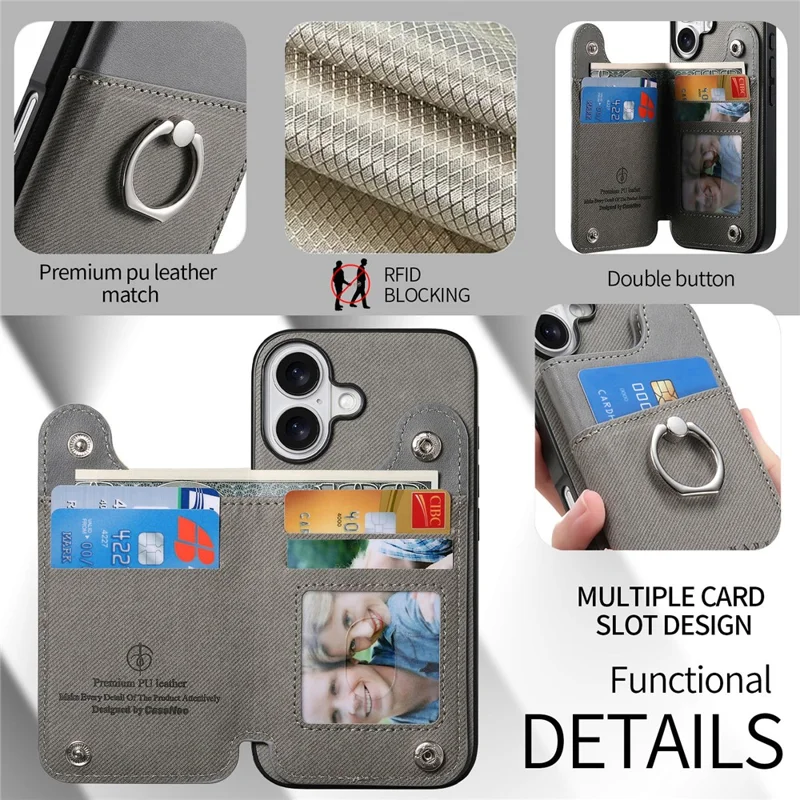For iPhone 17 Case with Card Holder Kickstand Leather + TPU + PC Phone Cover - Grey