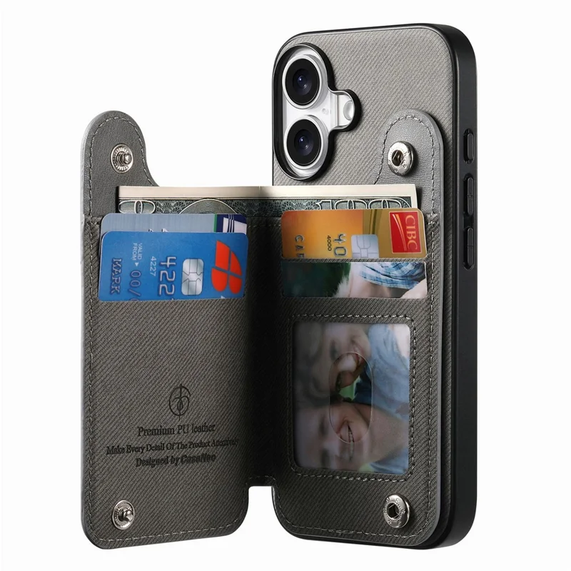 For iPhone 17 Case with Card Holder Kickstand Leather + TPU + PC Phone Cover - Grey