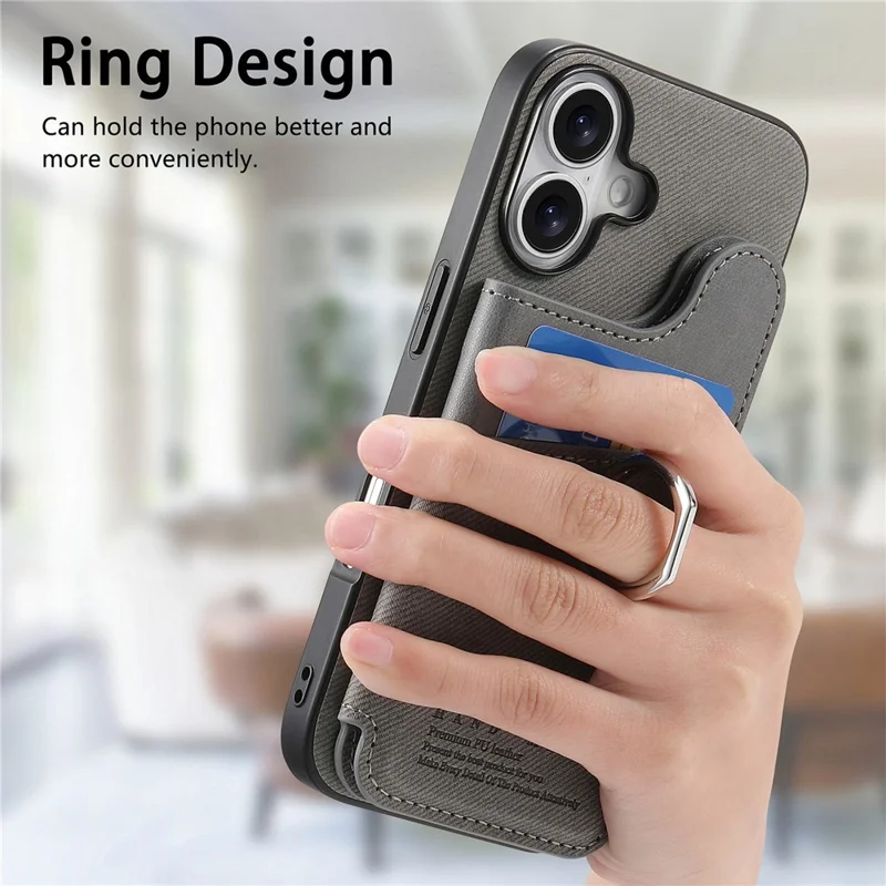 For iPhone 17 Case with Card Holder Kickstand Leather + TPU + PC Phone Cover - Grey