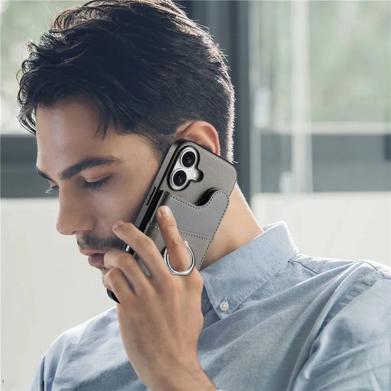 For iPhone 17 Case with Card Holder Kickstand Leather + TPU + PC Phone Cover - Grey