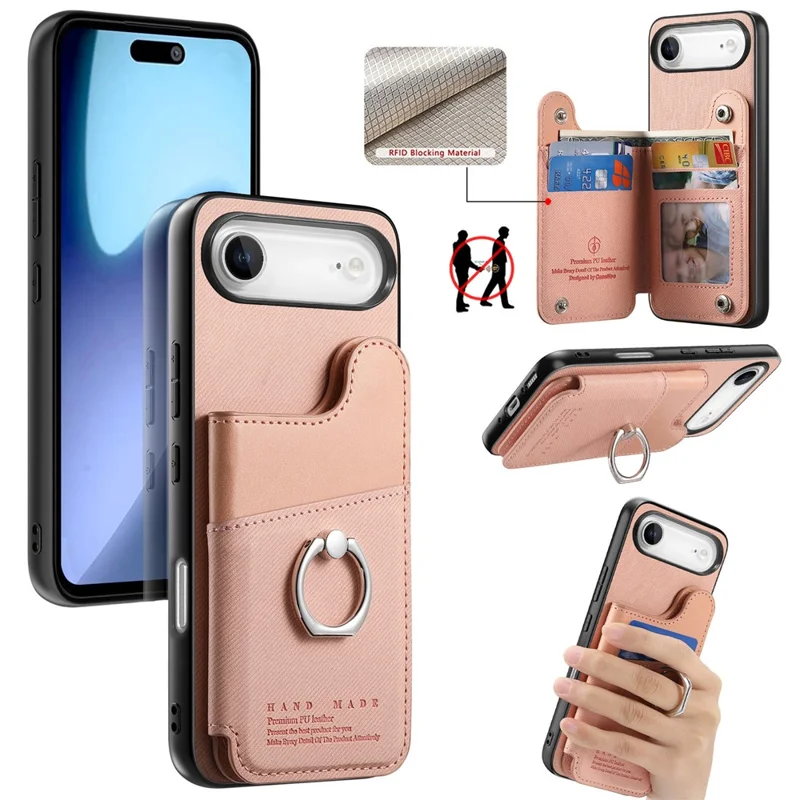 For iPhone Air Case with Card Holder Kickstand Leather + TPU + PC Phone Cover - Pink