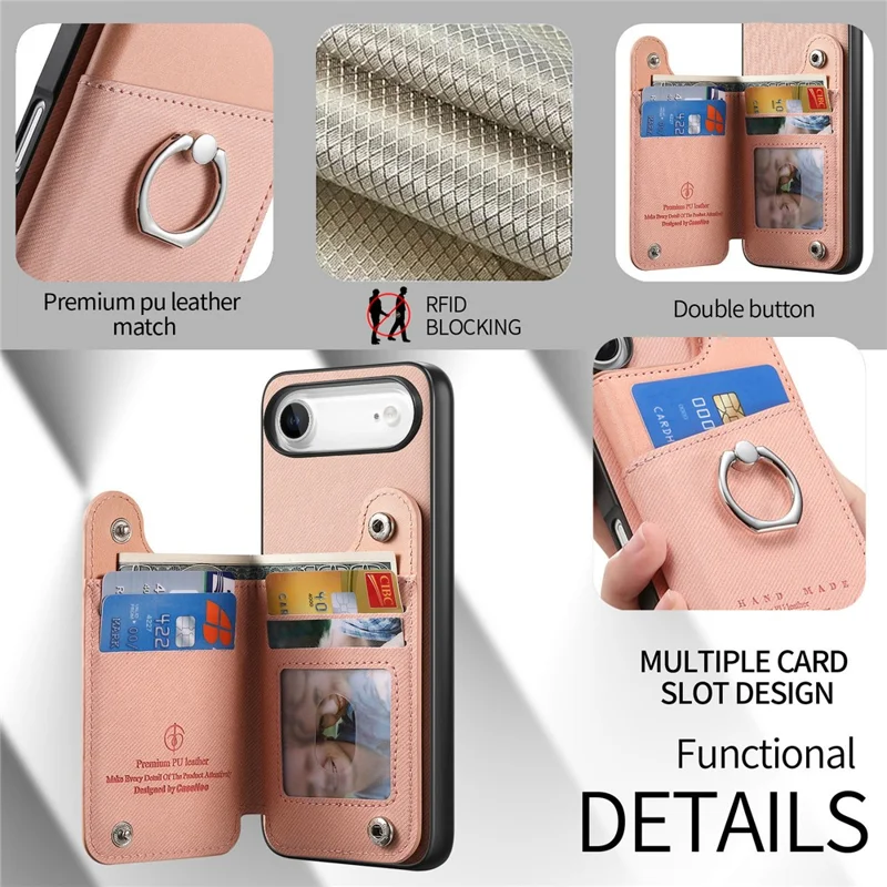 For iPhone Air Case with Card Holder Kickstand Leather + TPU + PC Phone Cover - Pink
