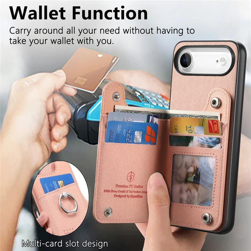 For iPhone Air Case with Card Holder Kickstand Leather + TPU + PC Phone Cover - Pink