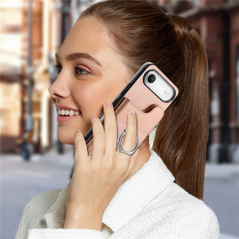 For iPhone Air Case with Card Holder Kickstand Leather + TPU + PC Phone Cover - Pink