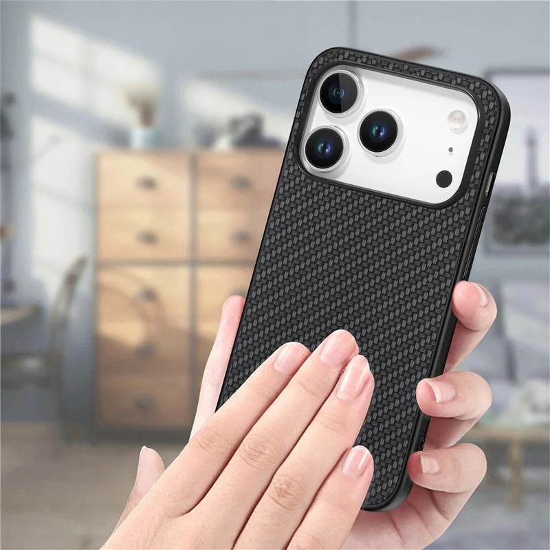 For iPhone 17 Pro Max Case Carbon Fiber Texture PU Leather + PC + TPU Phone Cover - Black