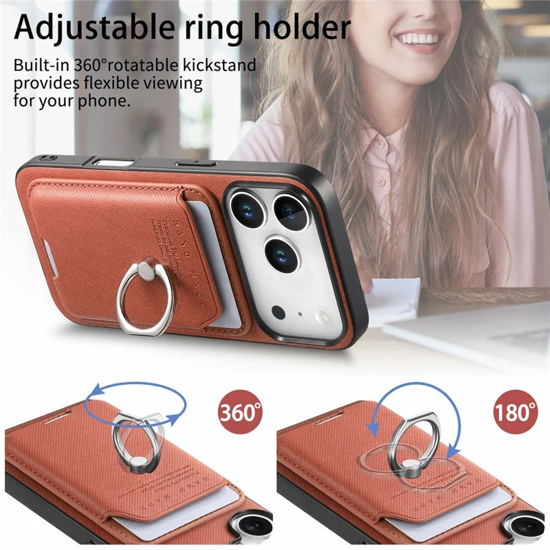 For iPhone 17 Pro Max Case Cloth Texture Leather + PC + TPU Phone Cover with Detachable Magnetic Ring Kickstand Card Holder - Brown