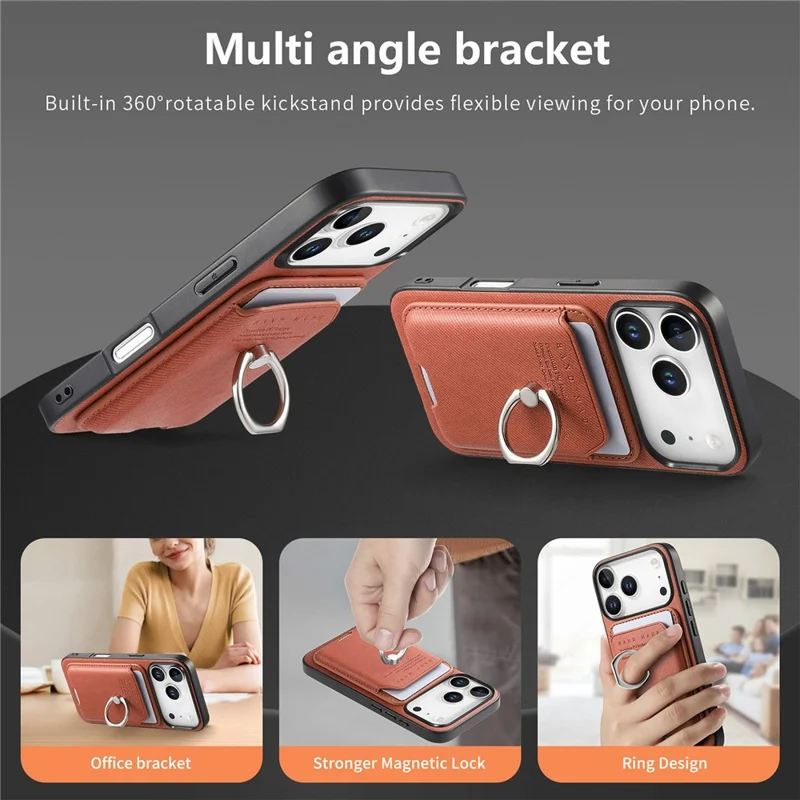 For iPhone 17 Pro Max Case Cloth Texture Leather + PC + TPU Phone Cover with Detachable Magnetic Ring Kickstand Card Holder - Brown