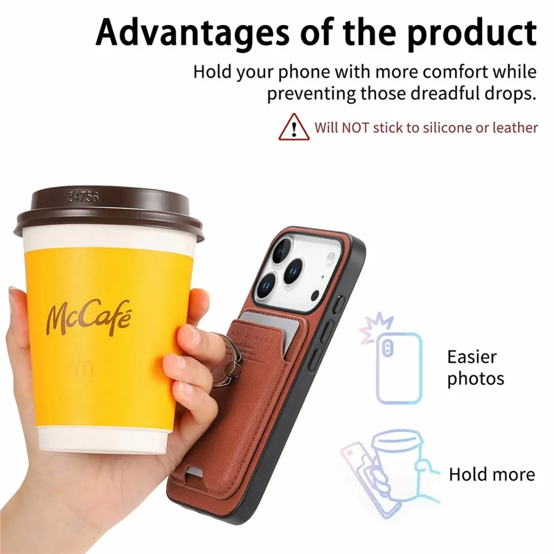 For iPhone 17 Pro Max Case Cloth Texture Leather + PC + TPU Phone Cover with Detachable Magnetic Ring Kickstand Card Holder - Brown