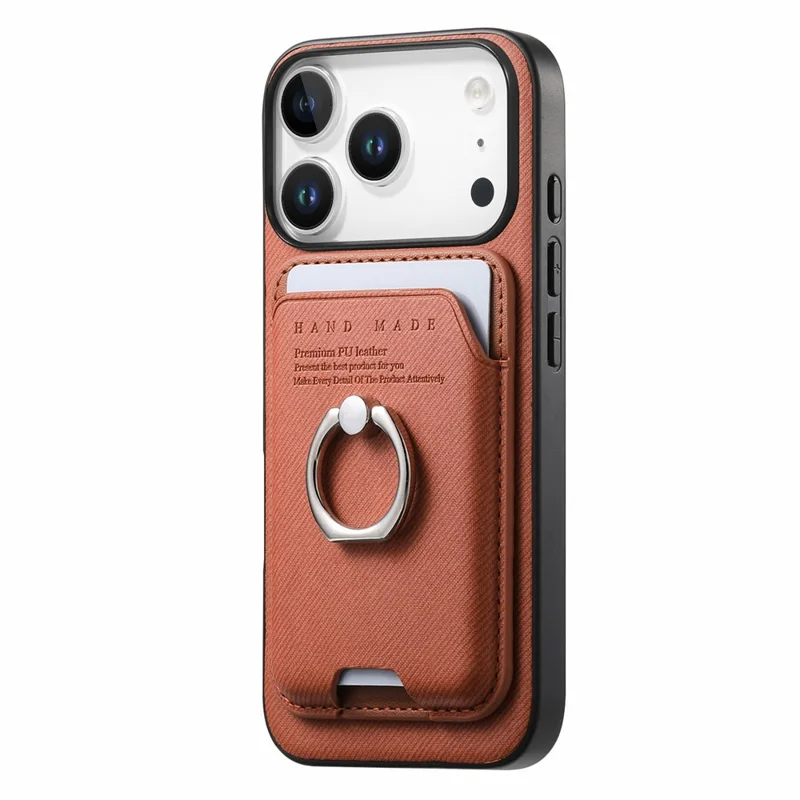 For iPhone 17 Pro Max Case Cloth Texture Leather + PC + TPU Phone Cover with Detachable Magnetic Ring Kickstand Card Holder - Brown