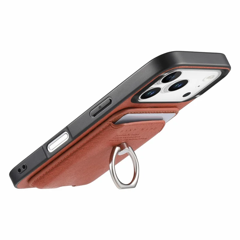 For iPhone 17 Pro Max Case Cloth Texture Leather + PC + TPU Phone Cover with Detachable Magnetic Ring Kickstand Card Holder - Brown