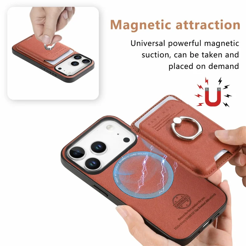 For iPhone 17 Pro Max Case Cloth Texture Leather + PC + TPU Phone Cover with Detachable Magnetic Ring Kickstand Card Holder - Brown