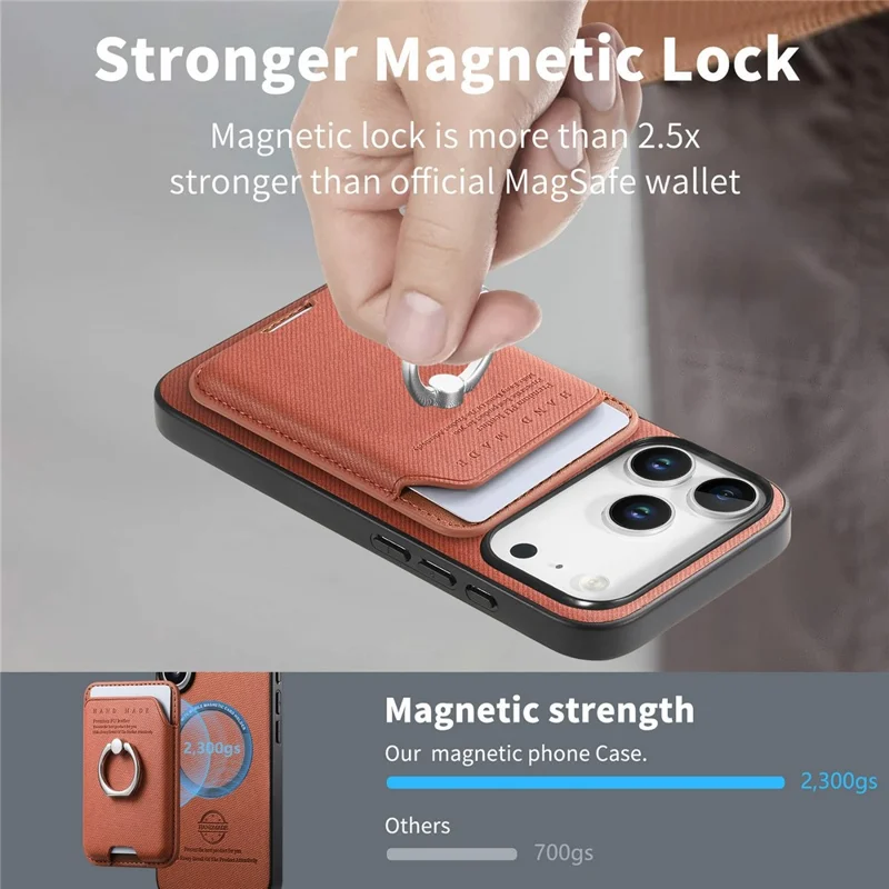 For iPhone 17 Pro Max Case Cloth Texture Leather + PC + TPU Phone Cover with Detachable Magnetic Ring Kickstand Card Holder - Brown