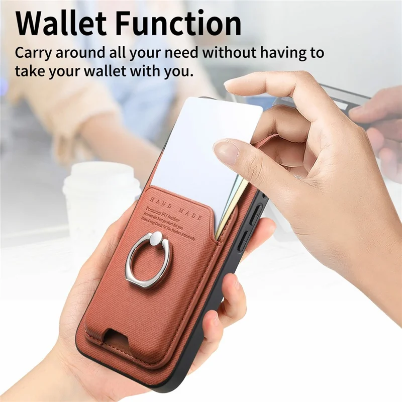 For iPhone 17 Pro Max Case Cloth Texture Leather + PC + TPU Phone Cover with Detachable Magnetic Ring Kickstand Card Holder - Brown
