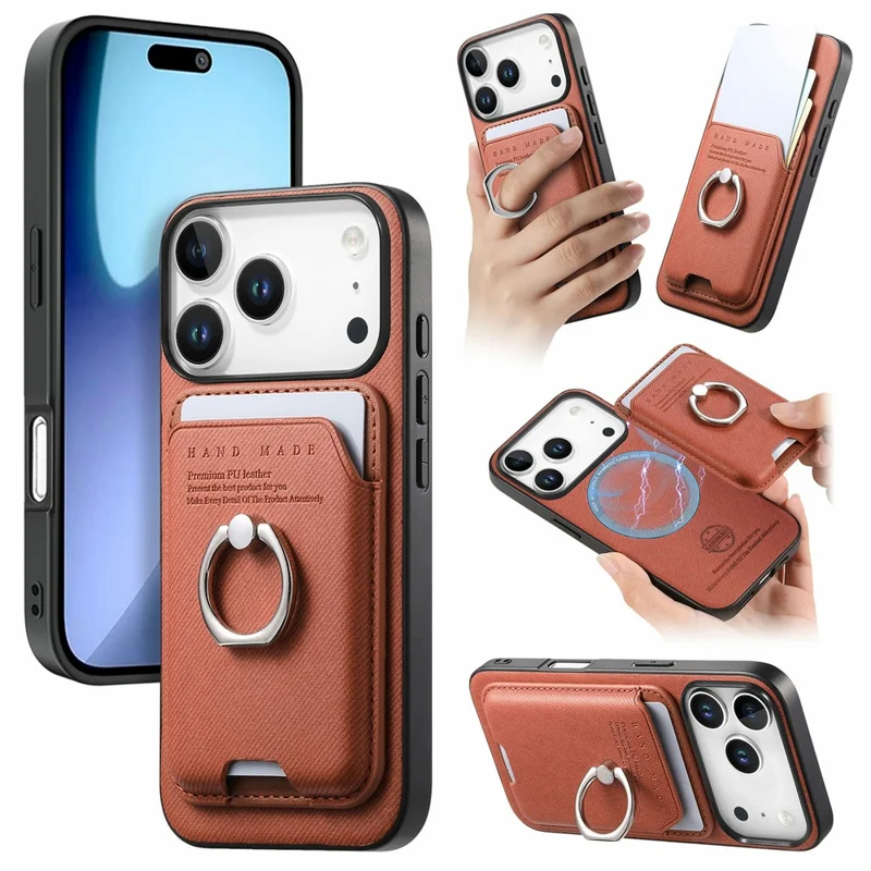 For iPhone 17 Pro Case Cloth Texture  Leather + PC + TPU Phone Cover with Detachable Magnetic Ring Kickstand Card Holder - Brown