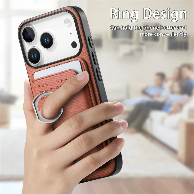For iPhone 17 Pro Case Cloth Texture  Leather + PC + TPU Phone Cover with Detachable Magnetic Ring Kickstand Card Holder - Brown