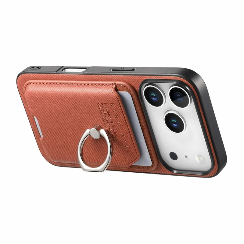 For iPhone 17 Pro Case Cloth Texture  Leather + PC + TPU Phone Cover with Detachable Magnetic Ring Kickstand Card Holder - Brown