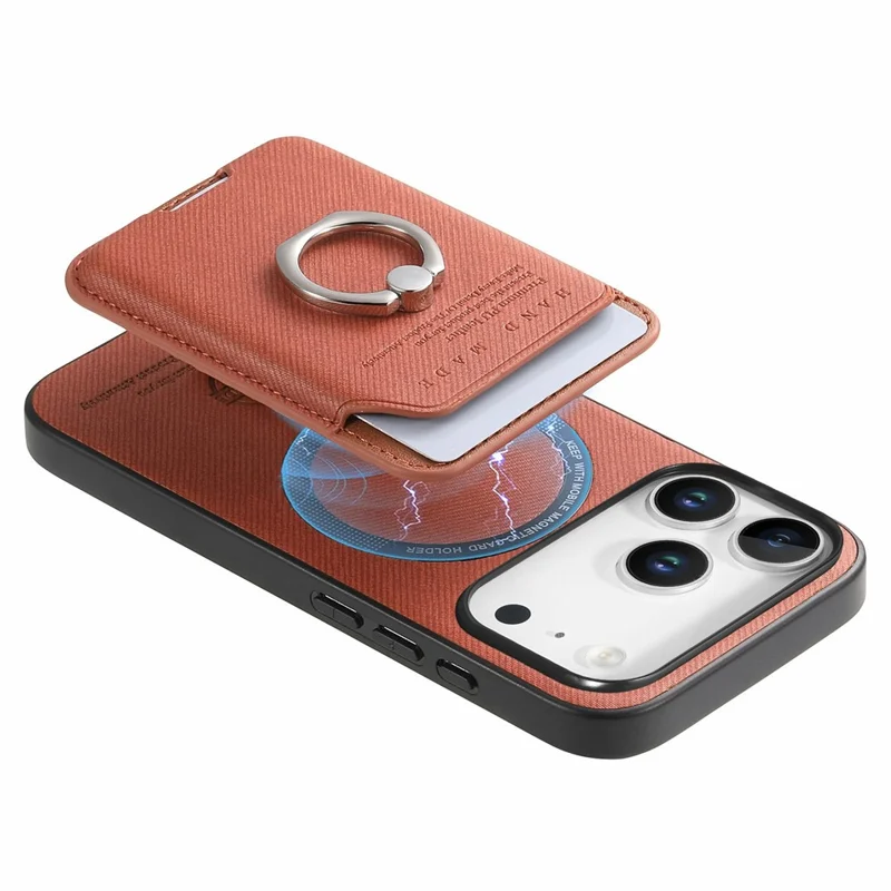 For iPhone 17 Pro Case Cloth Texture  Leather + PC + TPU Phone Cover with Detachable Magnetic Ring Kickstand Card Holder - Brown