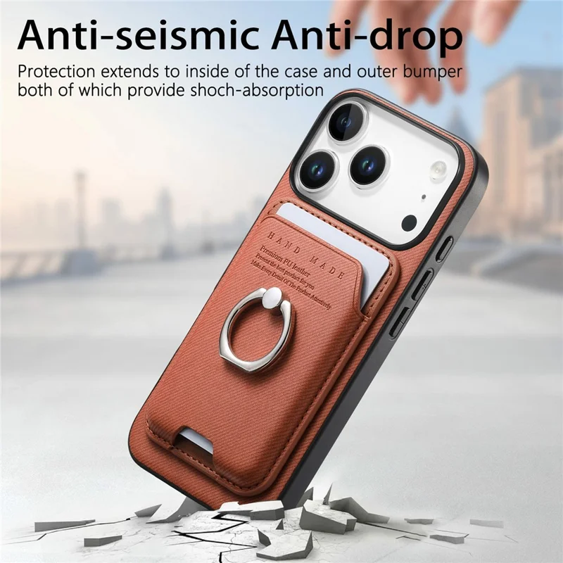 For iPhone 17 Pro Case Cloth Texture  Leather + PC + TPU Phone Cover with Detachable Magnetic Ring Kickstand Card Holder - Brown
