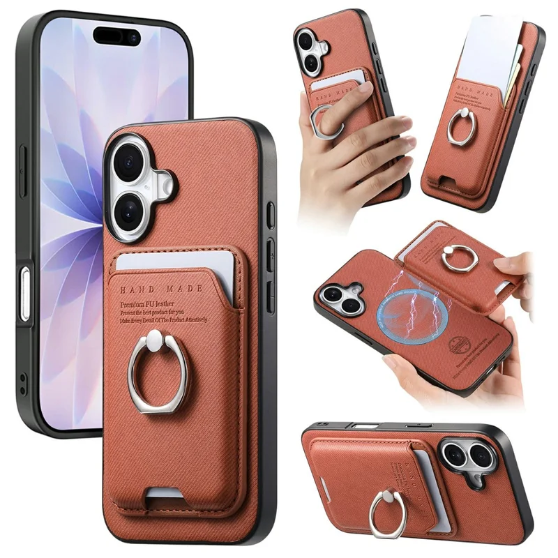 Voor iPhone 17 Hoesje met Doekstructuur Leren + PC + TPU Telefoonhoes met Afneembare Magnetische Ringstandaard met Kaarthouder - Bruin