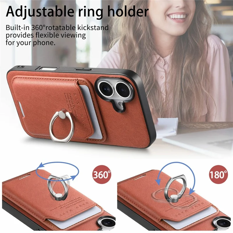 Voor iPhone 17 Hoesje met Doekstructuur Leren + PC + TPU Telefoonhoes met Afneembare Magnetische Ringstandaard met Kaarthouder - Bruin