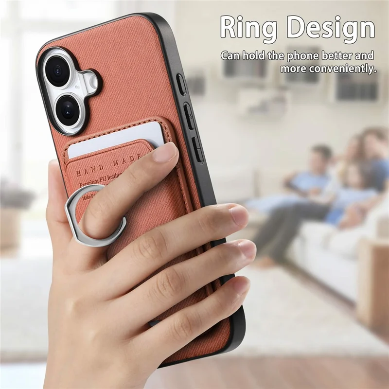 Voor iPhone 17 Hoesje met Doekstructuur Leren + PC + TPU Telefoonhoes met Afneembare Magnetische Ringstandaard met Kaarthouder - Bruin