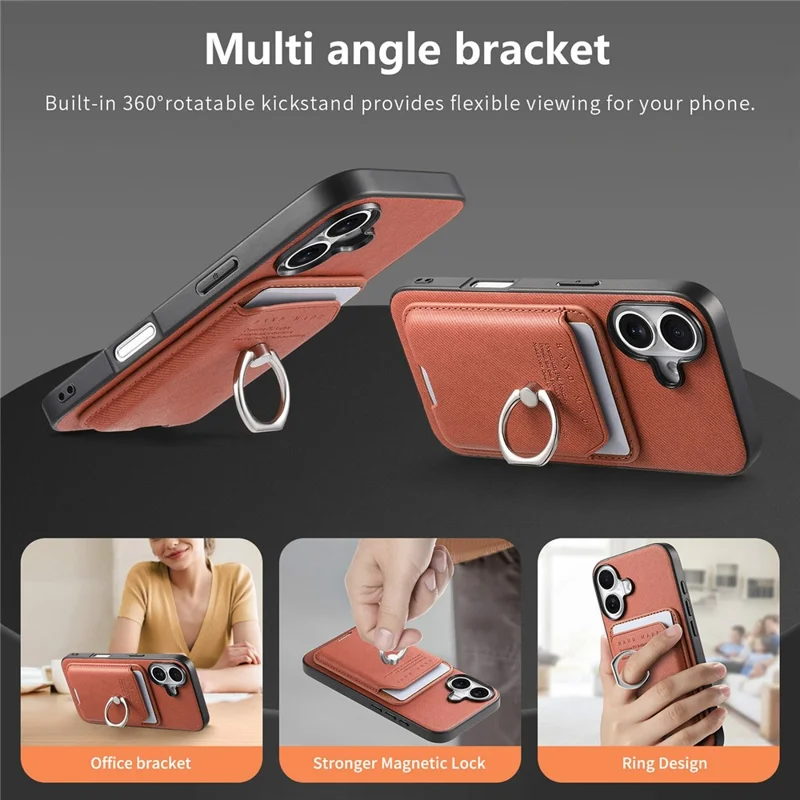 Voor iPhone 17 Hoesje met Doekstructuur Leren + PC + TPU Telefoonhoes met Afneembare Magnetische Ringstandaard met Kaarthouder - Bruin