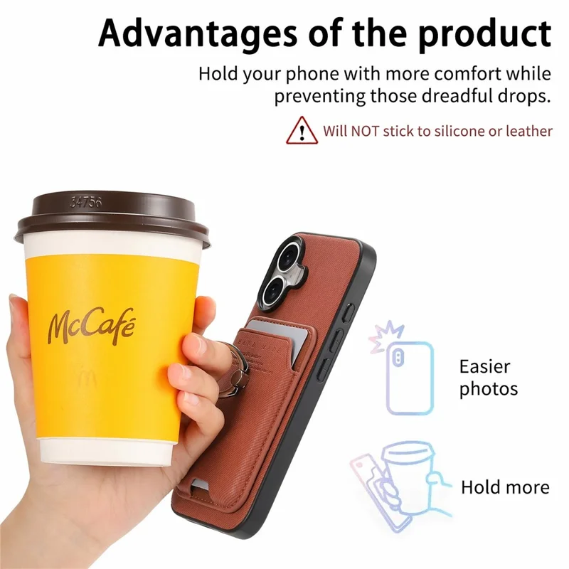 Voor iPhone 17 Hoesje met Doekstructuur Leren + PC + TPU Telefoonhoes met Afneembare Magnetische Ringstandaard met Kaarthouder - Bruin
