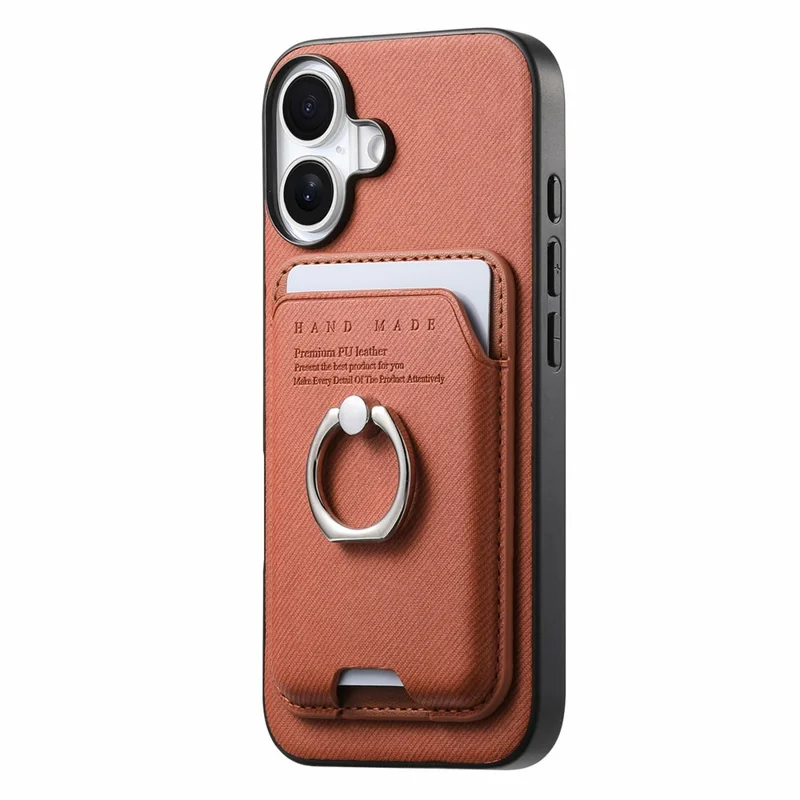 Voor iPhone 17 Hoesje met Doekstructuur Leren + PC + TPU Telefoonhoes met Afneembare Magnetische Ringstandaard met Kaarthouder - Bruin