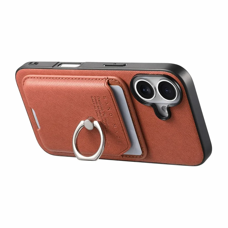 Voor iPhone 17 Hoesje met Doekstructuur Leren + PC + TPU Telefoonhoes met Afneembare Magnetische Ringstandaard met Kaarthouder - Bruin