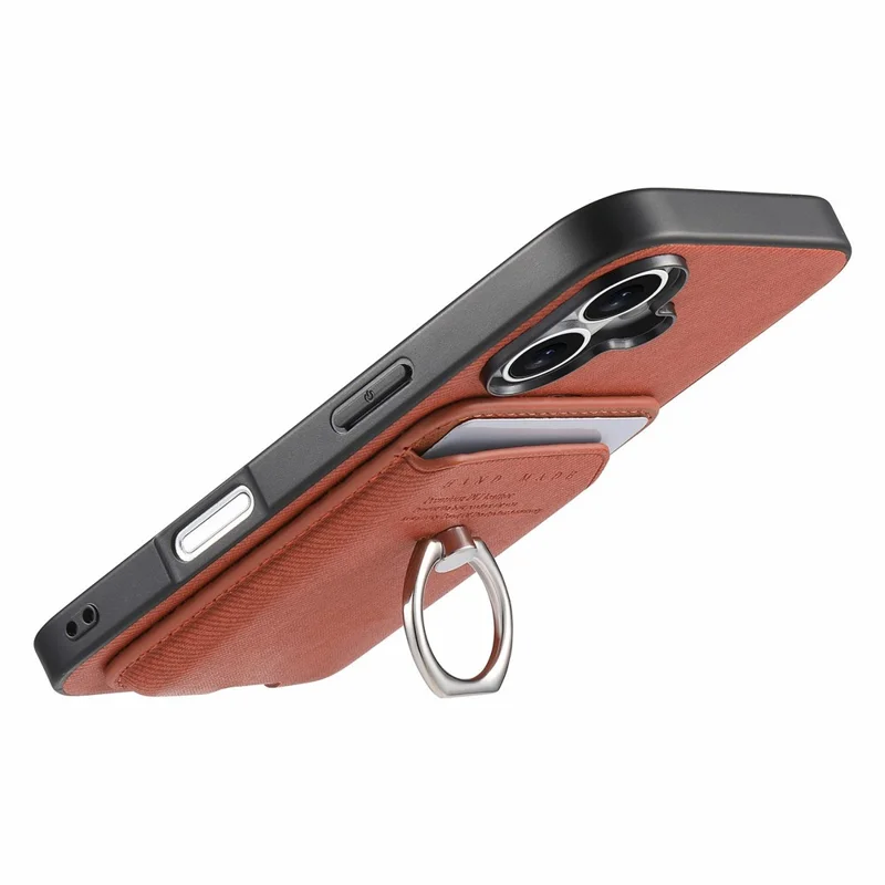 Voor iPhone 17 Hoesje met Doekstructuur Leren + PC + TPU Telefoonhoes met Afneembare Magnetische Ringstandaard met Kaarthouder - Bruin