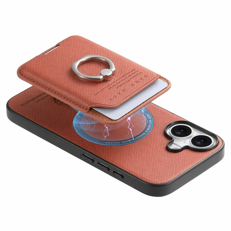 Voor iPhone 17 Hoesje met Doekstructuur Leren + PC + TPU Telefoonhoes met Afneembare Magnetische Ringstandaard met Kaarthouder - Bruin