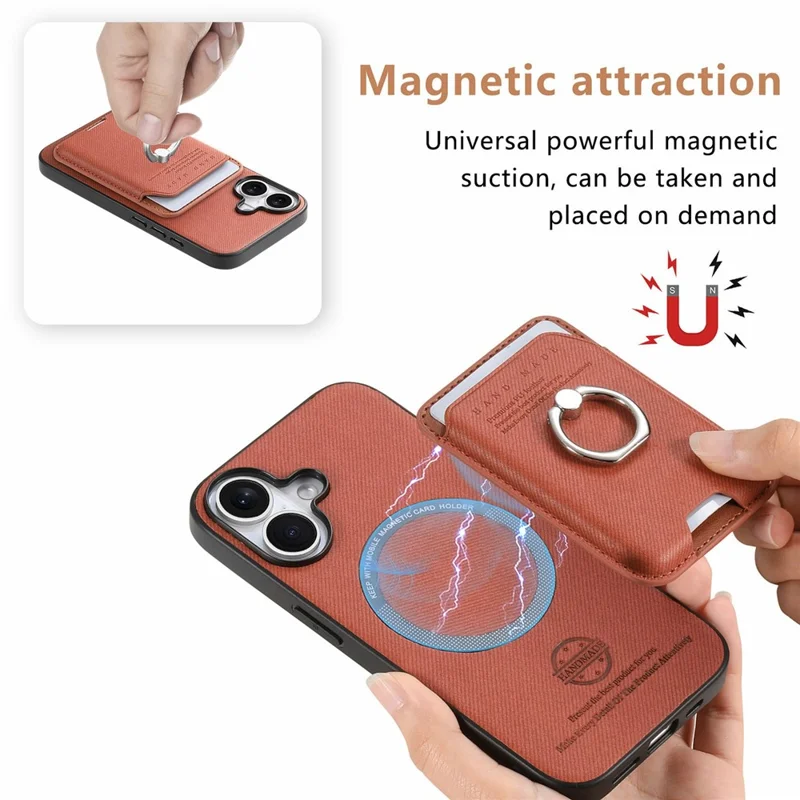 Voor iPhone 17 Hoesje met Doekstructuur Leren + PC + TPU Telefoonhoes met Afneembare Magnetische Ringstandaard met Kaarthouder - Bruin