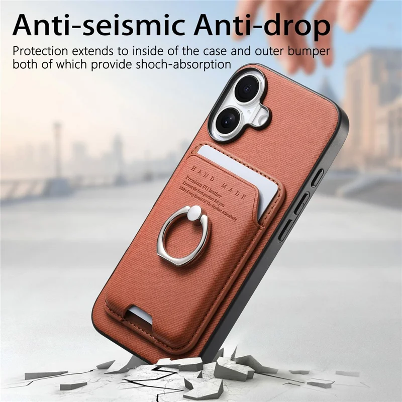 Voor iPhone 17 Hoesje met Doekstructuur Leren + PC + TPU Telefoonhoes met Afneembare Magnetische Ringstandaard met Kaarthouder - Bruin