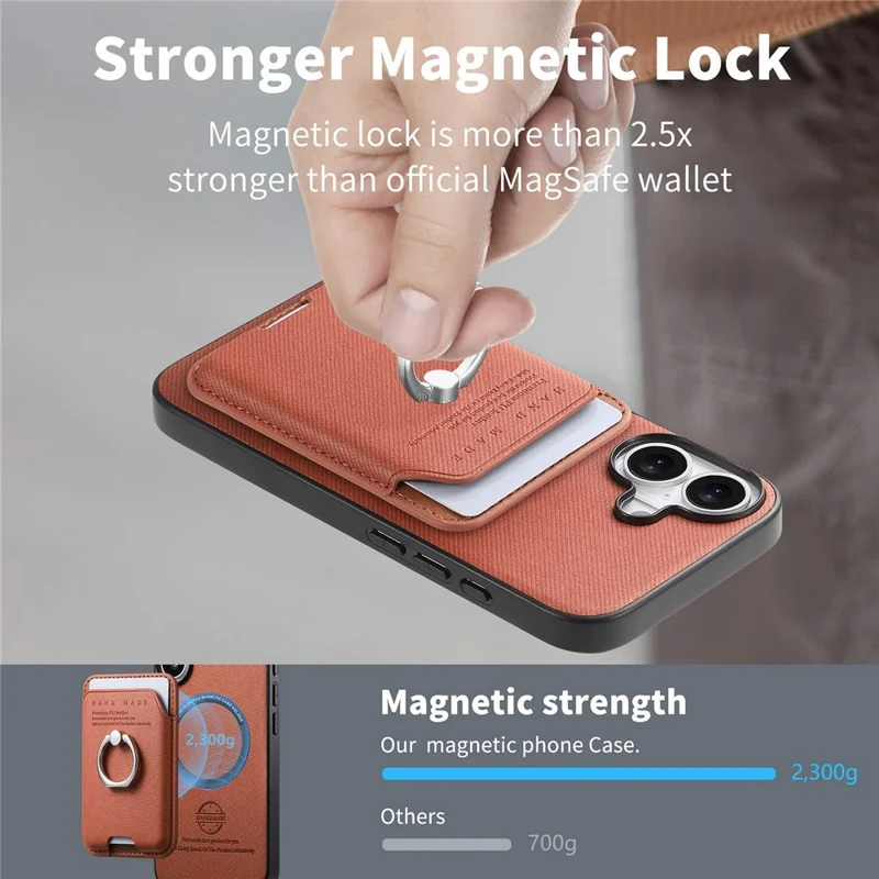 Voor iPhone 17 Hoesje met Doekstructuur Leren + PC + TPU Telefoonhoes met Afneembare Magnetische Ringstandaard met Kaarthouder - Bruin