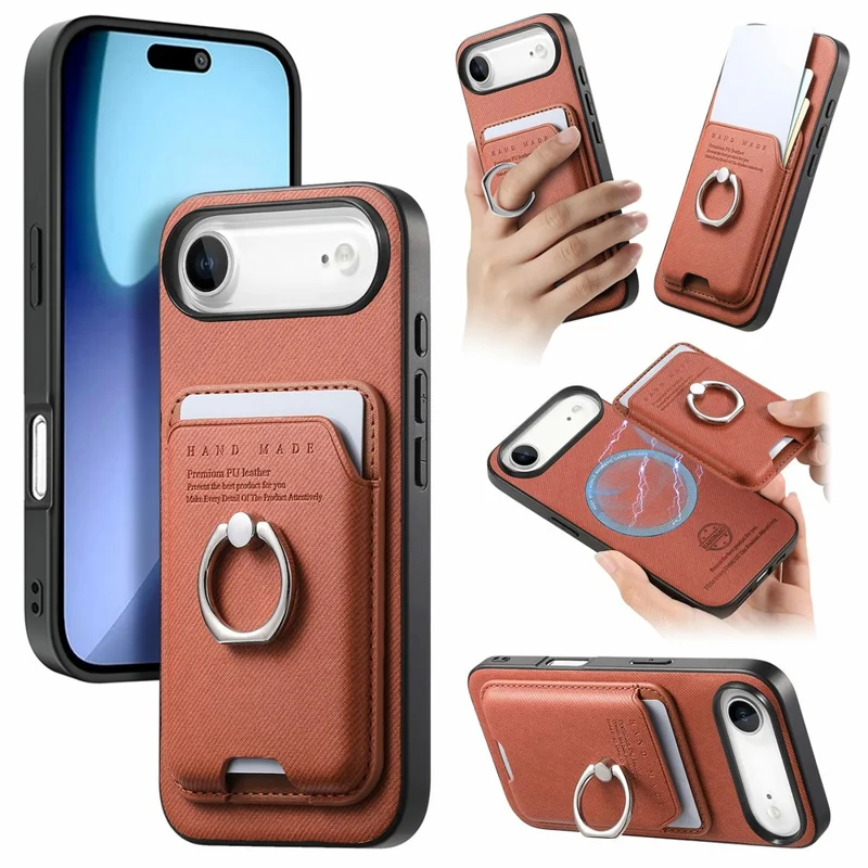 For iPhone Air Case Cloth Texture  Leather + PC + TPU Phone Cover with Detachable Magnetic Ring Kickstand Card Holder - Brown