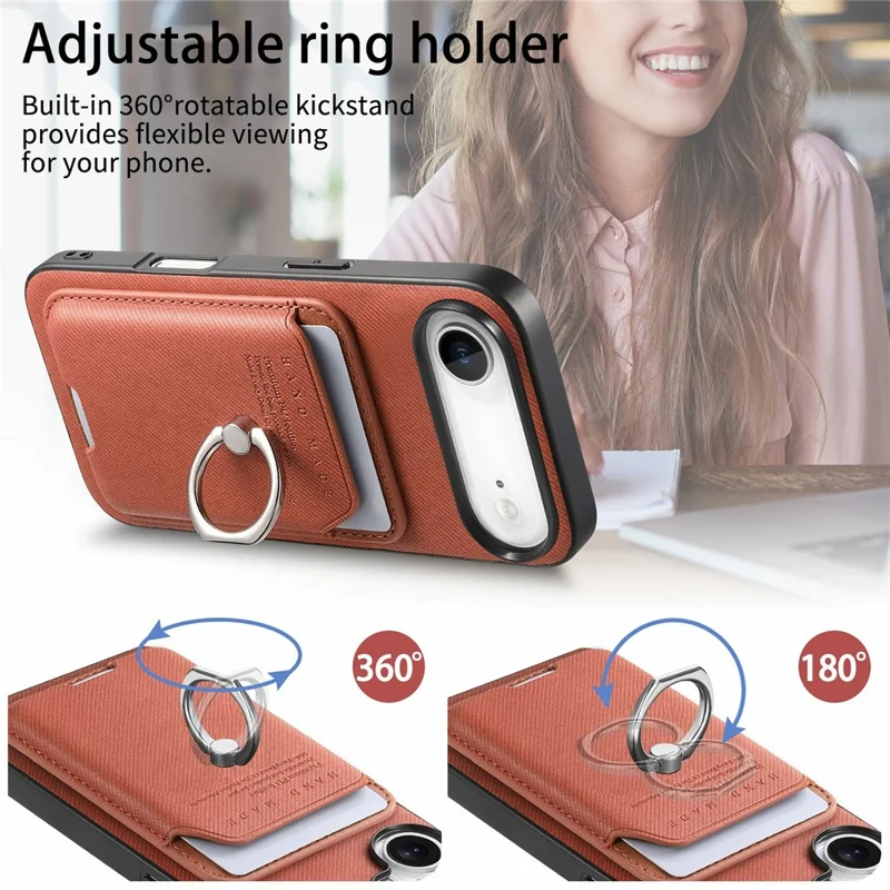 For iPhone Air Case Cloth Texture  Leather + PC + TPU Phone Cover with Detachable Magnetic Ring Kickstand Card Holder - Brown