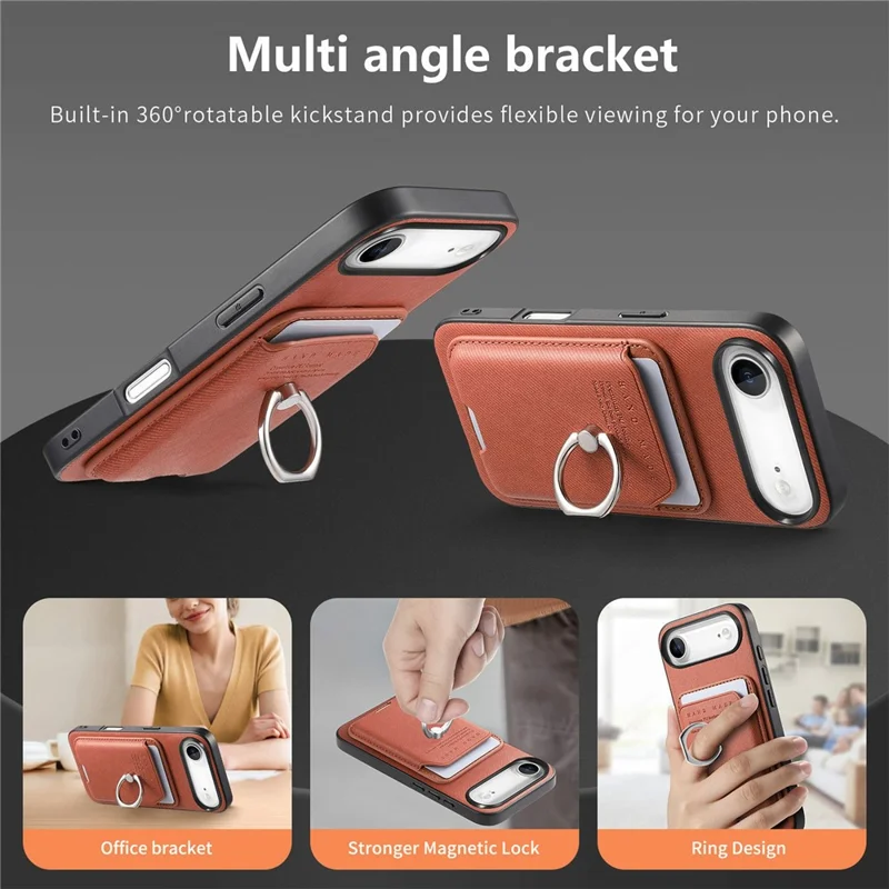 For iPhone Air Case Cloth Texture  Leather + PC + TPU Phone Cover with Detachable Magnetic Ring Kickstand Card Holder - Brown