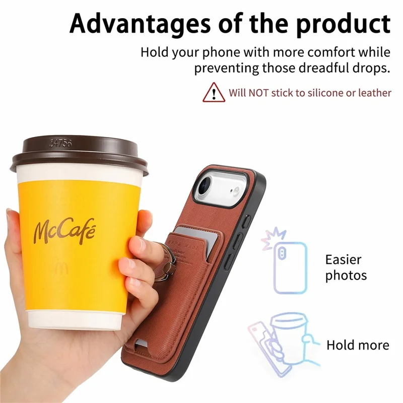 For iPhone Air Case Cloth Texture  Leather + PC + TPU Phone Cover with Detachable Magnetic Ring Kickstand Card Holder - Brown